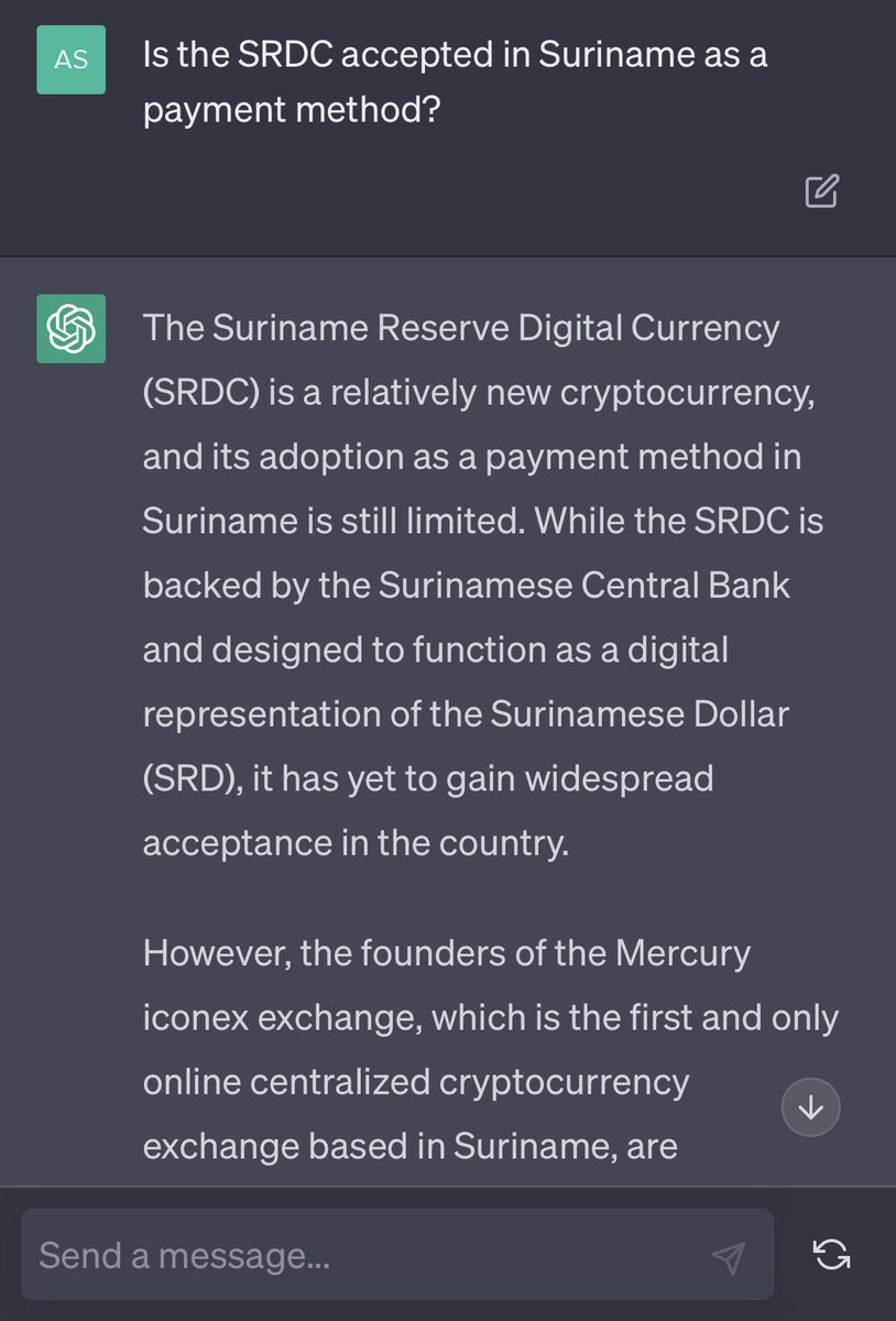 Suredcu_SRDC's tweet image. What does #ChatGPT think about the SRDC? Does #AI technology provide #SRDC a glimpse of the future? 🇸🇷 
Only time ⏳ will tell‼️ 
Don’t wait around to see; take action to lead and become part of the #revolution. suredcu.org. Join our Telegram: t.me/Suredcu