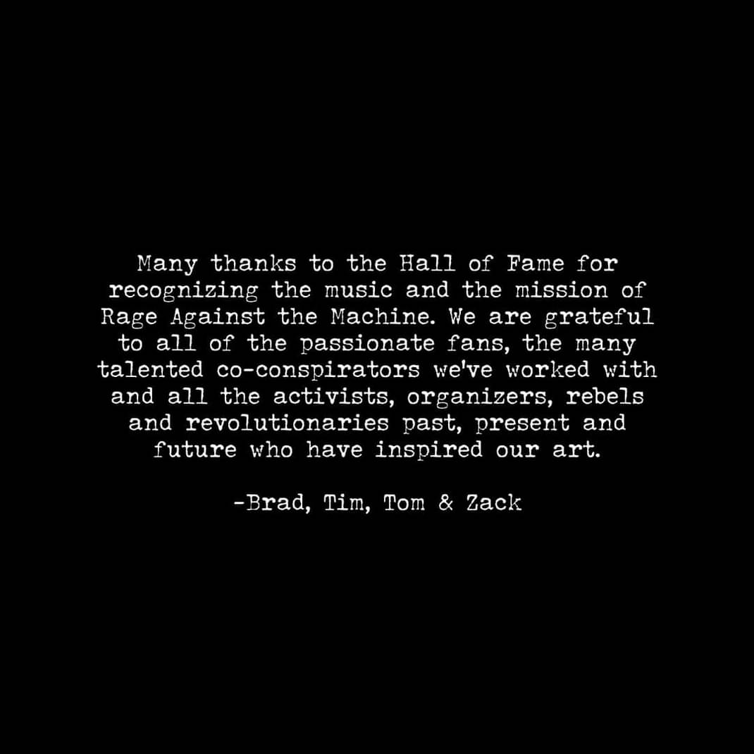 DaveMilbo's tweet image. Rage Against the Machine was added to the Rock n Roll Hall of Fame overnight. Here's their statement. Fucken ay 🤟