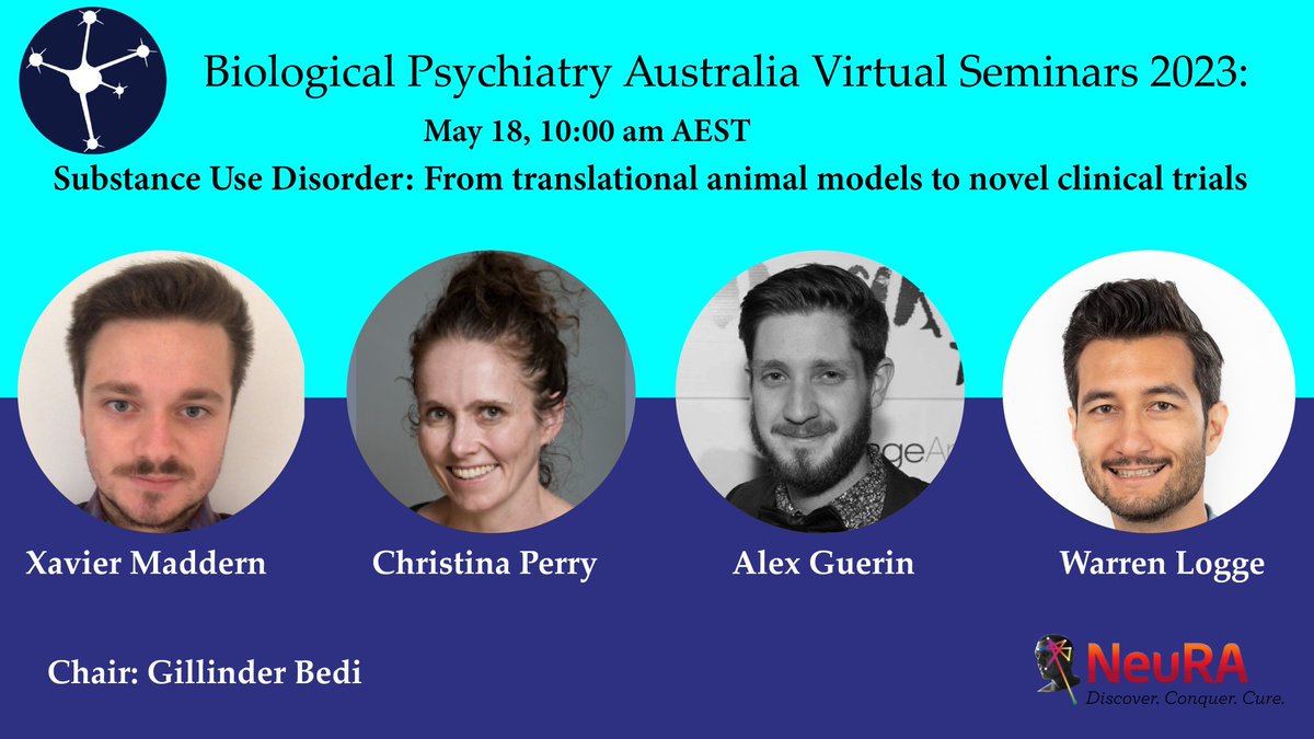 Biological Psychiatry Australia (@biolpsychaust) on Twitter photo Join us on THRUSDAY 18 MAY for our first webinar of the year:
SUBSTANCE USE DISORDER: FROM TRANSLATIONAL ANIMAL MODELS TO NOVEL CLINICAL TRIALS
Featuring presentations by Xavier Maddern, <a href="/Dr_CJP/">Christina Perry</a>, <a href="/alex_guerin13/">Dr Alexandre GuƩrin</a> , and <a href="/WarrenLogge/">Warren Logge</a>.
Registration: us02web.zoom.us/webinar/regist⦠Join us on THRUSDAY 18 MAY for our first webinar of the year:
SUBSTANCE USE DISORDER: FROM TRANSLATIONAL ANIMAL MODELS TO NOVEL CLINICAL TRIALS
Featuring presentations by Xavier Maddern, <a href="/Dr_CJP/">Christina Perry</a>, <a href="/alex_guerin13/">Dr Alexandre GuƩrin</a> , and <a href="/WarrenLogge/">Warren Logge</a>.
Registration: us02web.zoom.us/webinar/registā¦