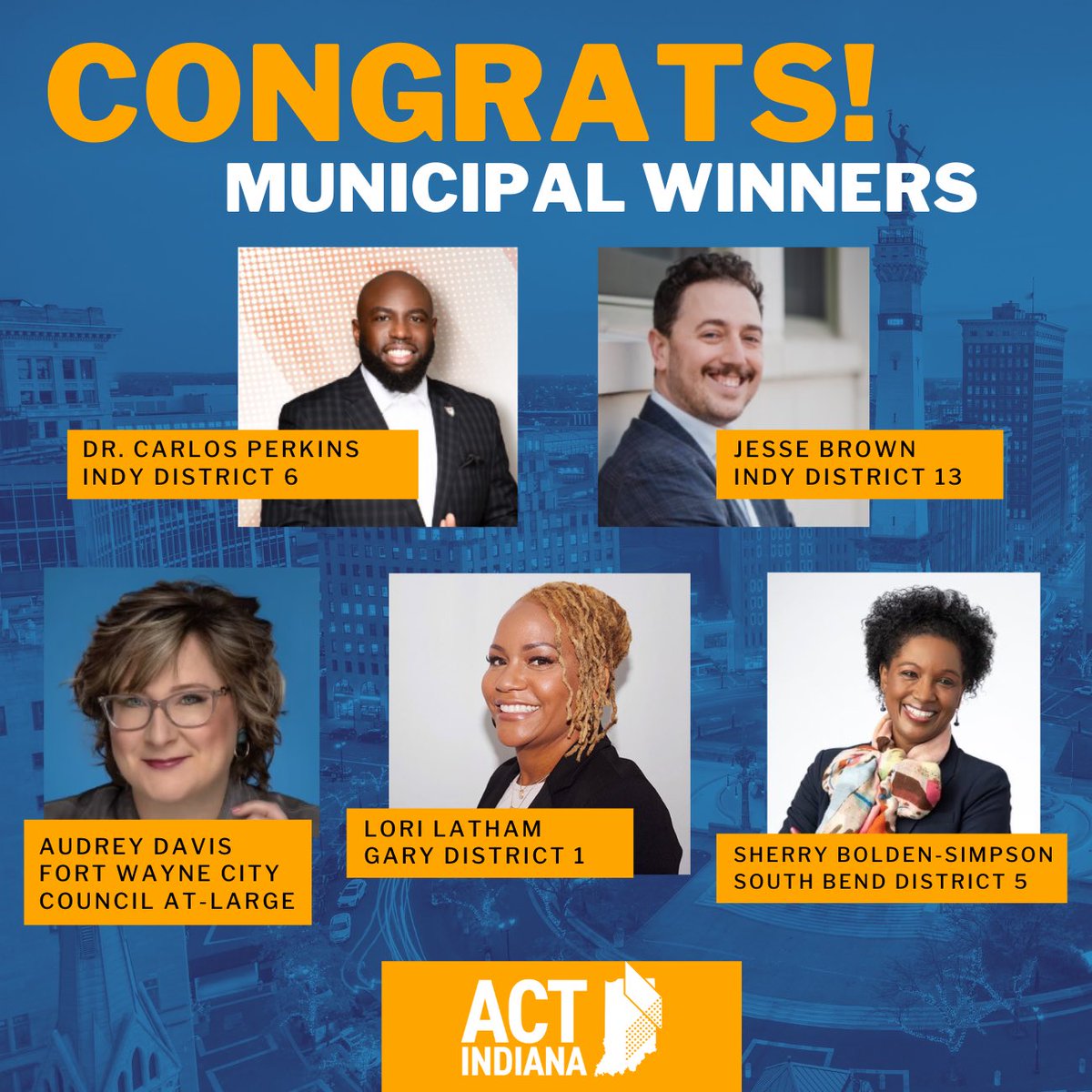 actindiana's tweet photo. Our slate of #WeMakeIndiana leaders ran for city council in 4 of the largest cities on a shared vision: we can build safe and caring communities for all of us. They all won their primaries! Join us in celebrating their commitment to working for everyone, not just the wealthy few. https://t.co/iD9RiWG5Nd