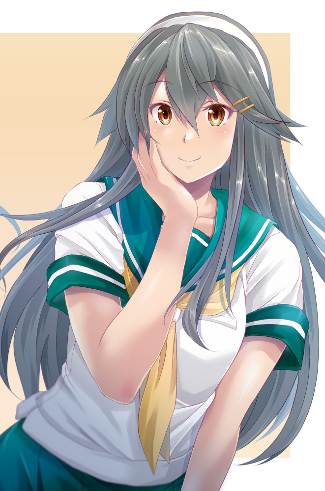 haruna (kancolle) 1girl solo long hair school uniform hair ornament hairband serafuku  illustration images