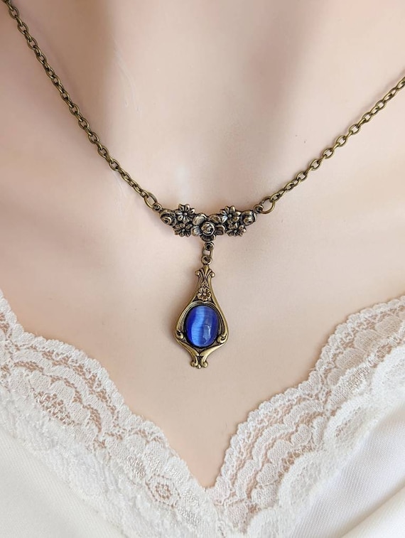 Vintage Style Necklace, Sapphire Blue Necklace etsy.me/44lWXrr #artnouveaupendant #uniquegiftforher #teardroppendant #wifegift @etsymktgtool