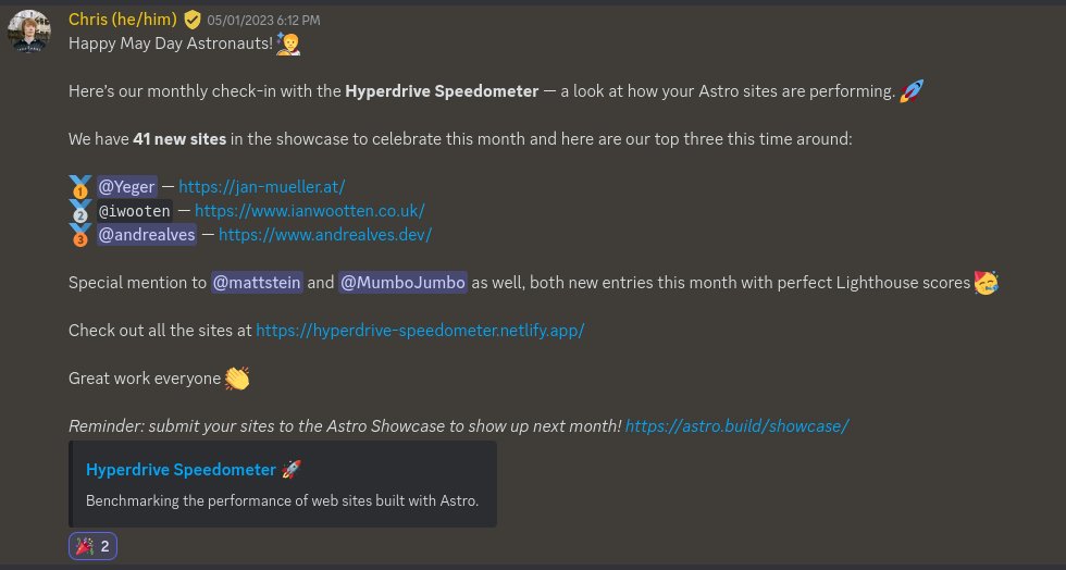 Today I found out that my portfolio website is in the top 3 (out of +200) in the ranking created by <a href="/astrodotbuild/">Astro</a> that benchmarks the performance of web sites built with Astro. 🚀🚀

I'm very happy 😄