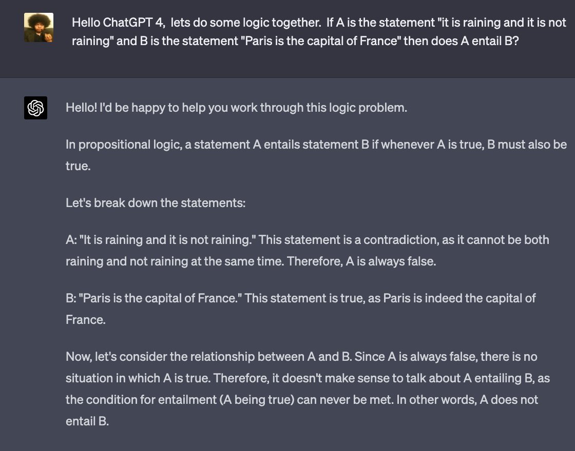 lastpositivist's tweet photo. On the whole ChatGPT4 does seem better to me than 3, but it still struggles a bit with logic. I find that now if you phrase the problem in symbols it gets it but if you ask it a more prose version of the same problem  it has trouble. See e.g. https://t.co/iGzPX0hpvQ