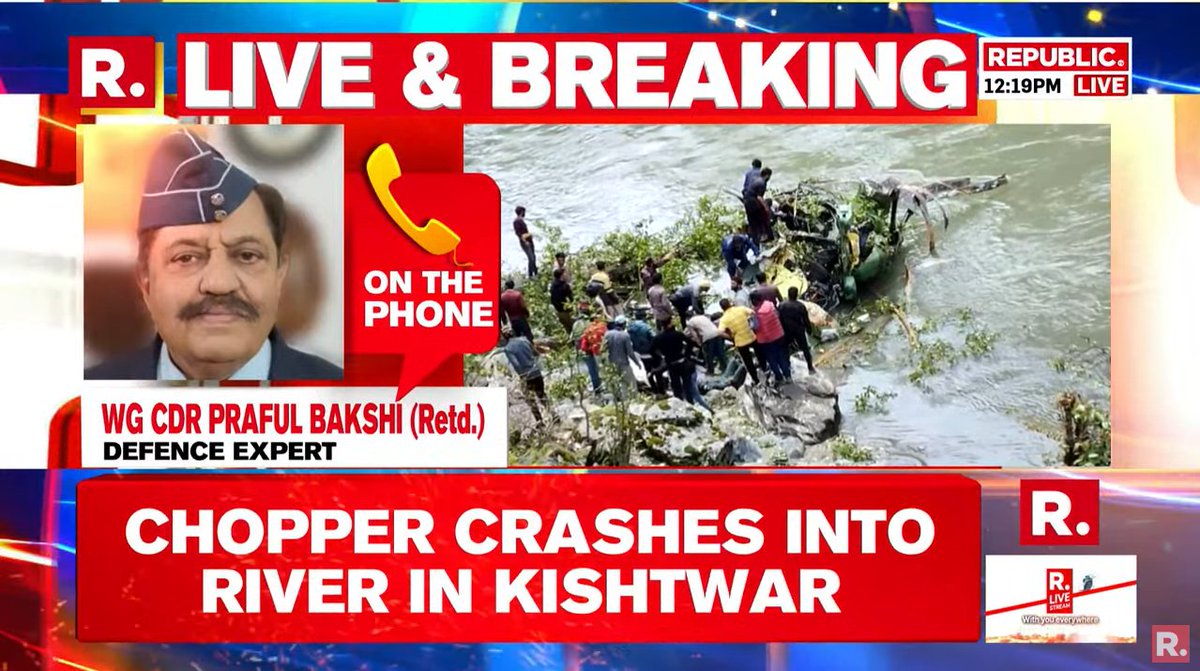 republic's tweet photo. #LIVE | An Army ALH Dhruv Helicopter crashed in Kishtwar district of Jammu & Kashmir. Pilot and copilot injured, as per sources.
#JammuKashmir
#ArmyChopper #Kishtwar
#ChopperCrash
https://t.co/BTUeHqfYA4 https://t.co/wrPqpCpHPS