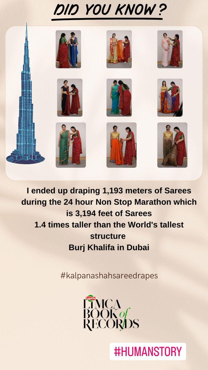 Did you know?

I ended up draping 1,193 meters (3,914 feet) of Sarees in a Single, Straight 24 Hours Marathon?

1.4 Times Longer than the world's tallest structure Burj Khalifa in Dubai.

#SareeTwitter #saree #sari
#humanstory #womenpower #kalpanashahsareedrapes