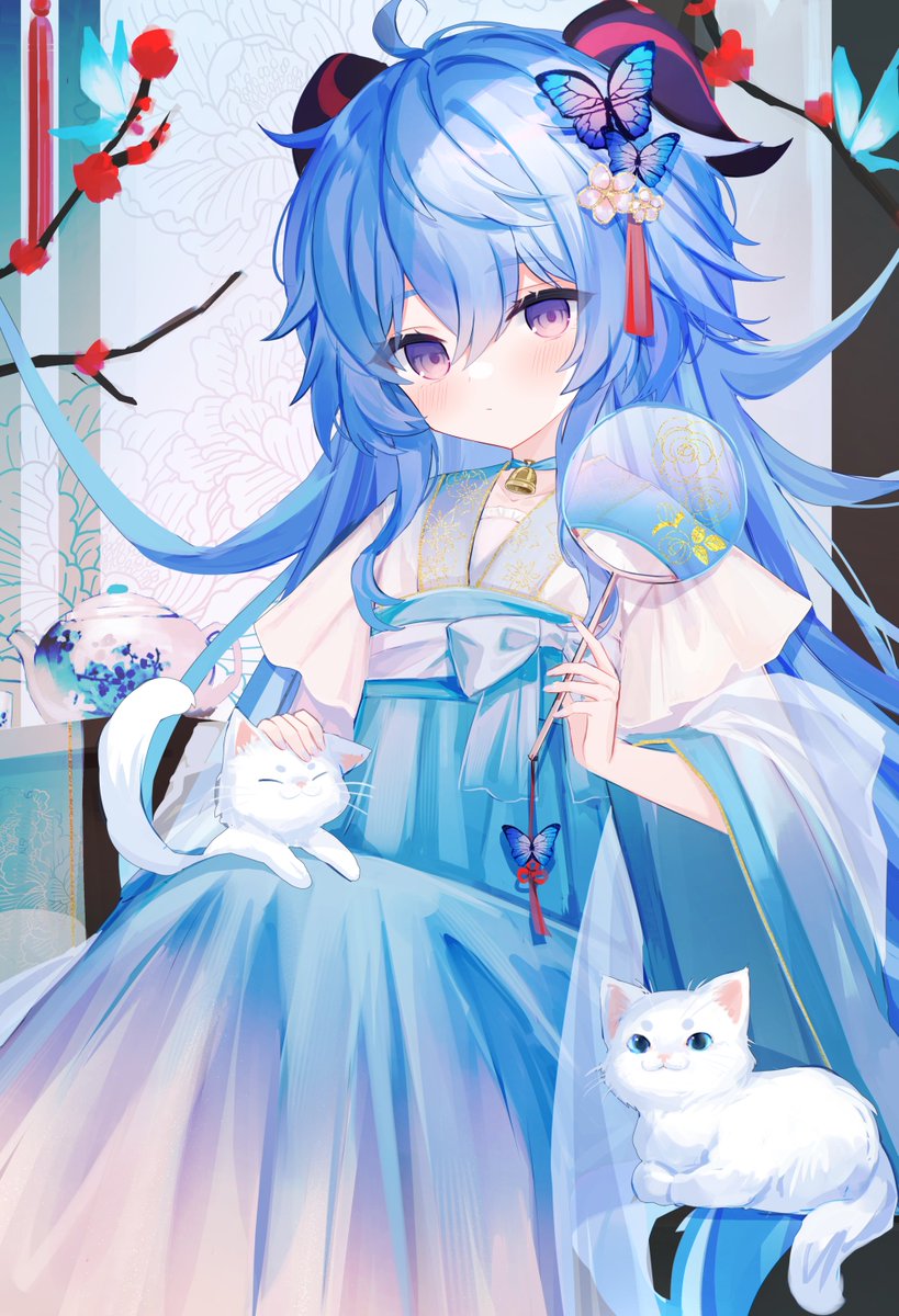 ganyu (genshin impact) 1girl horns blue hair butterfly cat hair ornament long hair  illustration images