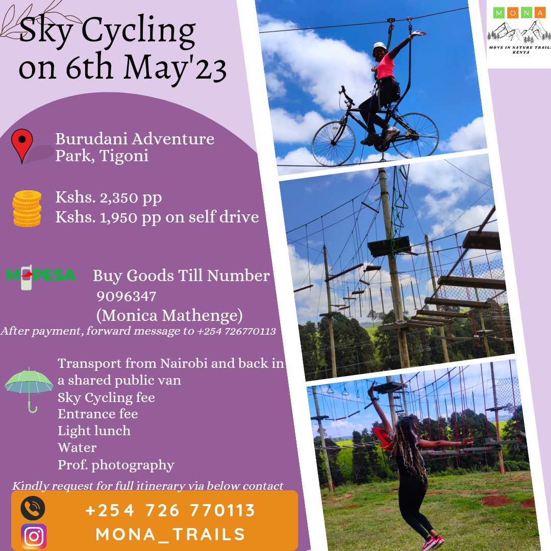 themkare's tweet photo. Rough plan; leave Nairobi at 8:30am, get there around 10am and engage in activities then leave at 4pm (the shared van shall leave then with those who won't manage to stay on) or at own pleasure. Last time tulishika mzinga and we stayed till 9pm. #fom #skycycling https://t.co/bGFHlNtOap