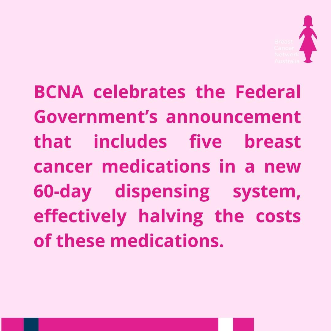 BCNA celebrates the Federal Government’s announcement that includes five breast cancer medications in a new 60-day dispensing system, effectively halving the costs of these medications. bcna.org.au/news/2023/05/b… @Mark_Butler_MP @healthgovau