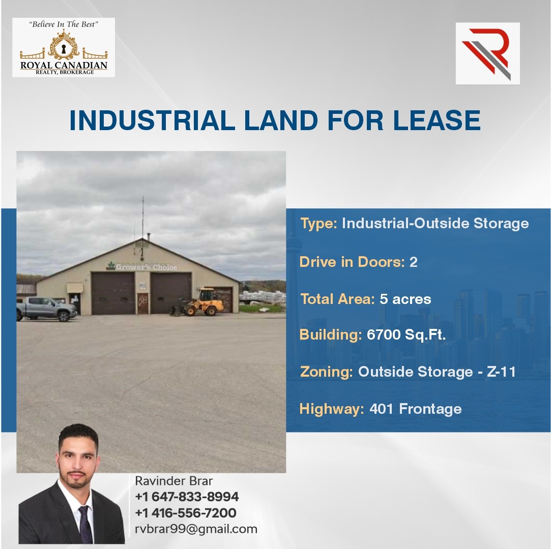 Industrial Land For Lease
Type: Industrial-Outside Storage
Drive in Doors: 2
Total Area: 5 acres
Building: 6700 Sq. Ft.
Zoning: Outside Storage - Z-11
Highway:401 Frontage
#realestatecanada #canadianrealestate #canadarealestate #realestateinvesting #propertyforsale #homeforsale