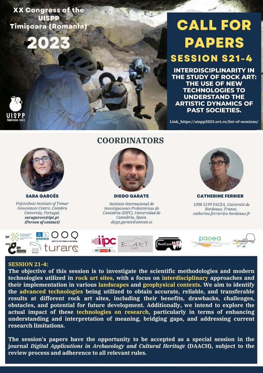 We would like to invite all of you to participate in the Call for Papers for the XX #UISPPCongress2023 - Session 21-4: Interdisciplinarity in the Study of Rock Art: Using New Technologies to Understand the Artistic Dynamics of Past Societies. 📨📄