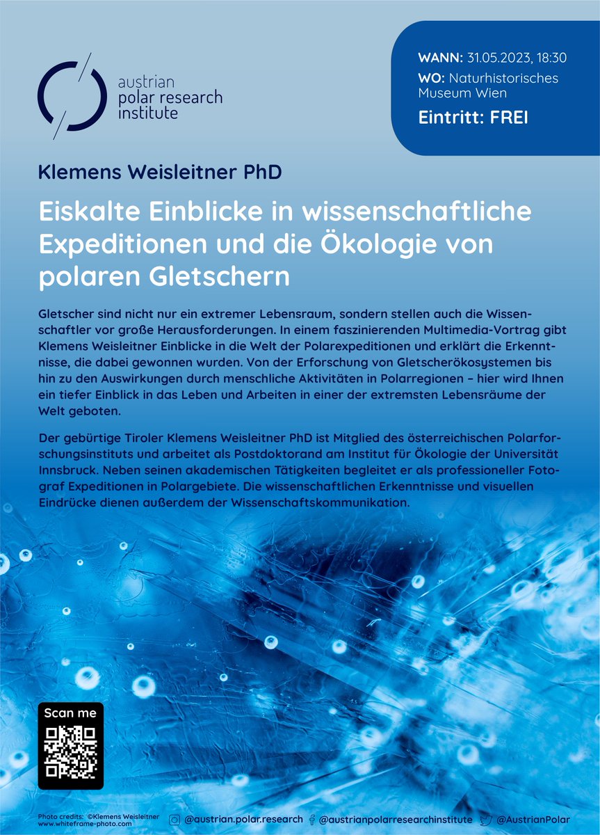 AustrianPolar's tweet photo. Interesse an der Ökologie polarer Gletscher?
Das @AustrianPolar lädt ein zum #Polar Talk: Der Ökologe @Kweisleitner der @uniinnsbruck nimmt uns auf wissenschaftliche Polarexpeditionen mit faszinierenden Fotos mit!
📅31.5., 18:30, @nhmWien
https://t.co/EksyuGOOg8 #scicomm https://t.co/9p3Dxbvu1a