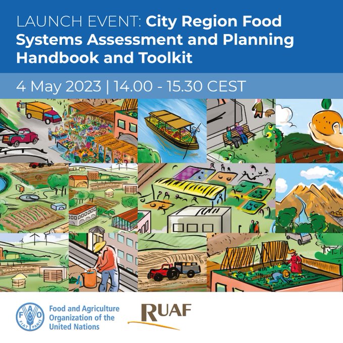 Follow today's launch of the #CityRegionFoodSystems Handbook and Toolkit at 14:00 CEST.

Join <a href="/ruaf/">RUAF</a>, <a href="/FAO/">Food and Agriculture Organization</a> &amp; others to learn about resources to help build the resilience and sustainability of food systems in and around YOUR city.  

Register 👇fao.zoom.us/webinar/regist…

#GreenCities