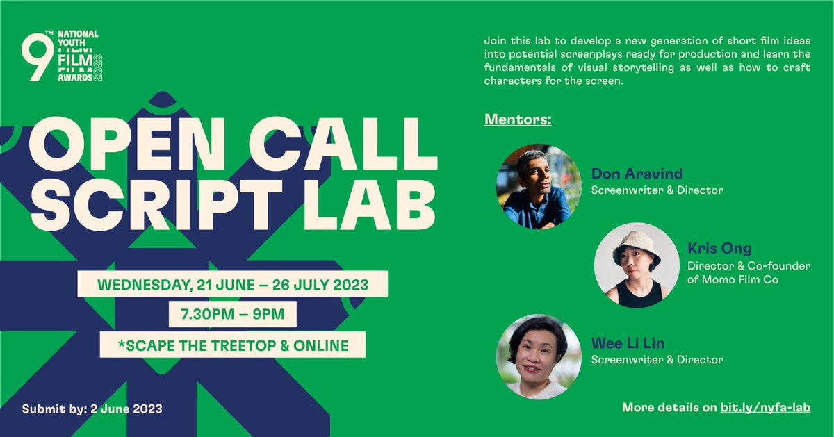 NYFA Script Lab is part of #NYFA 2023,
organised by SCAPE It is a 6 weeks mentorship
programme focusing on developing a new generation
of short #film ideas into potential #screenplays ready for production. 

Check out <a href="/SCAPEsg/">*SCAPE</a> or log onto their website for more information.