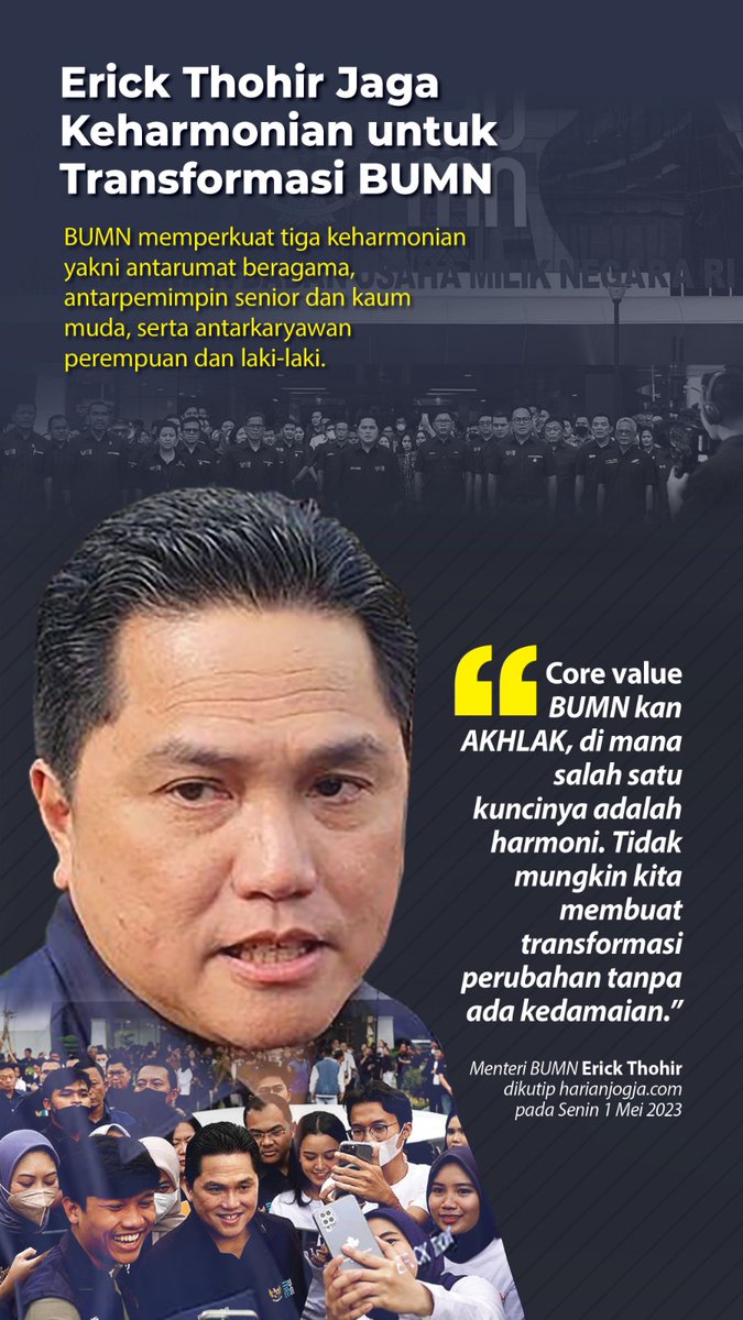 CakCaping's tweet photo. "Core value BUMN kan AKHLAK, di mana salah satu kuncinya adalah
harmoni. Tidak mungkin kita
membuat transformasi perubahan tanpa ada kedamaian."
Menteri BUMN Erick Thohir
dikutip https://t.co/Zv7TNhKruN
pada Senin 1 Mei 2023
#BangkitBersamaET https://t.co/VAJfm3zZ3s