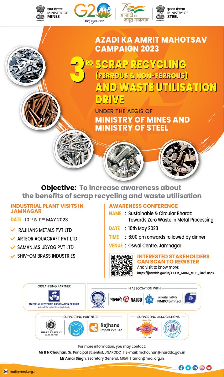 mrai_india's tweet photo. Join Us for @mrai_india @JnarddcMines @MinesMinIndia &amp; @SteelMinIndia's jointly organized
@AmritMahotsav Campaign 2023's 3rd Awareness Conference &amp; Industrial Plant Visits in Jamnagar, Gujarat

#RegisterNow: https://t.co/fpiHmzi0EP

#AKAMConference #MRAIEvent #RecyclingConference https://t.co/jgOfluzYn7