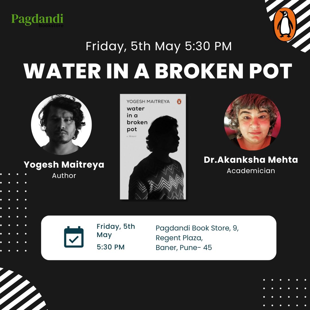 maitreya_yogesh's tweet photo. Hello Pune. It’s tomorrow at Pagdandi Book Store at 5.30 pm. Do come and get your signed copy of #waterinabrokenpot https://t.co/mCmtUxikwL