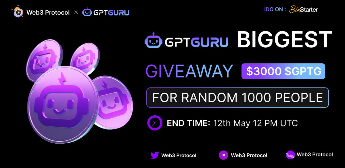 🎉Web3 Protocol X GPT Guru Huge Giveaway

🏆Prize Pool:- $3000 $GPT ($3000 USDT)

To Enter:- 
✔️Follow <a href="/Web3_Protocol/">Web3 Protocol</a> &amp; <a href="/GPTGuru_/">GPT Guru | AI To Earn⚡️</a>
✔️Like and RT 3 friends
✔️Fill form :- tinyurl.com/4d36thcm

#Airdrop #Giveaway #Giveaways #GPT_Guru
