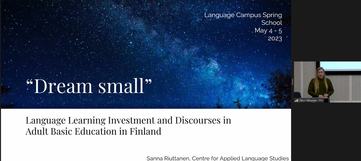 kielikampus's tweet image. Sanna Riuttanen kicks off the presentations from doctoral students with her presentation. Riuttanen researches the identities that guide the adult language learner's investment and the discourses present in those negotiations. #SpringSchool2023
