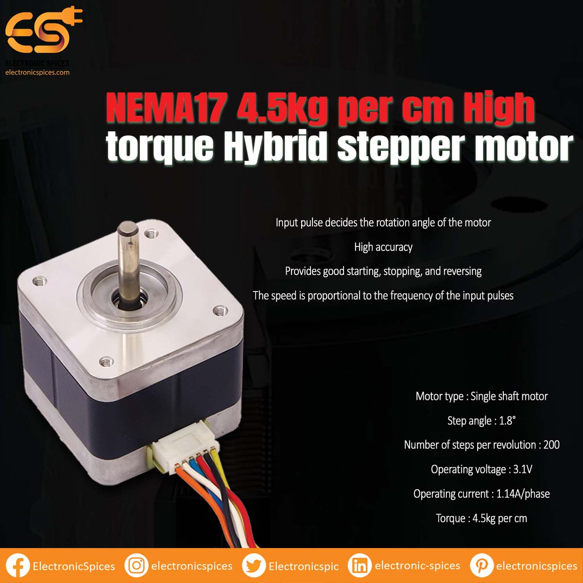 Electronicspic's tweet image. 𝐍𝐄𝐌𝐀𝟏𝟕 𝟒.𝟓𝐤𝐠 𝐩𝐞𝐫 𝐜𝐦 𝐇𝐢𝐠𝐡 𝐭𝐨𝐫𝐪𝐮𝐞 𝐇𝐲𝐛𝐫𝐢𝐝 𝐬𝐭𝐞𝐩𝐩𝐞𝐫 𝐦𝐨𝐭𝐨𝐫
𝐁𝐮𝐲 𝐍𝐨𝐰: electronicspices.com/product/nema17…

#StepperMotor #HybridMotor #HighTorque #CNC #Robotics #MotionControl  #Automation  #Precision  #Engineering  #DIY  #Maker
