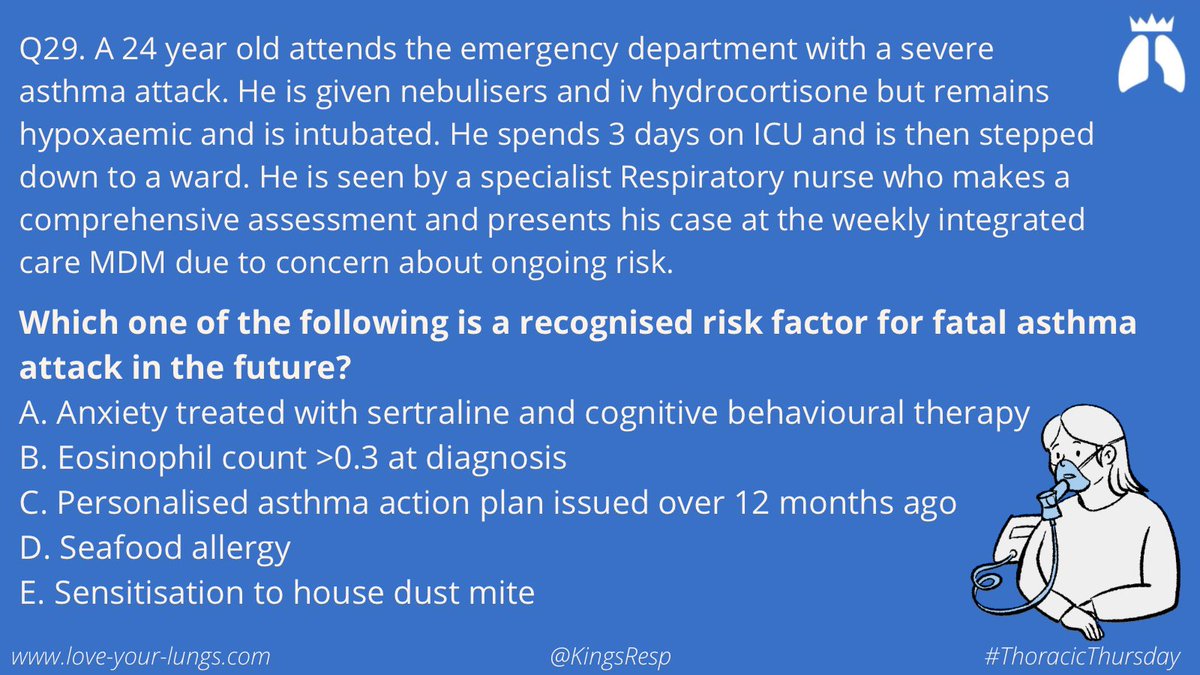 It's #ThoracicThursday! This week was #WorldAsthmaDay so our question is on recognising high risk patients. Answer & explanation coming up at the weekend. Get involved! #RespEd #RespIsBest #asthma