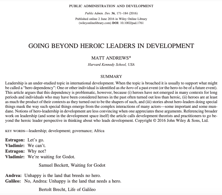 🌠#MayThe4thBeWithYou For this week's #ThrowbackThursday, we have a 2006 article on how the 'hero dependency' storyline for development is problematic. More about this argument by Matt Andrews (@governwell) in 'Going Beyond Heroic Leaders in Development': onlinelibrary.wiley.com/doi/abs/10.100…