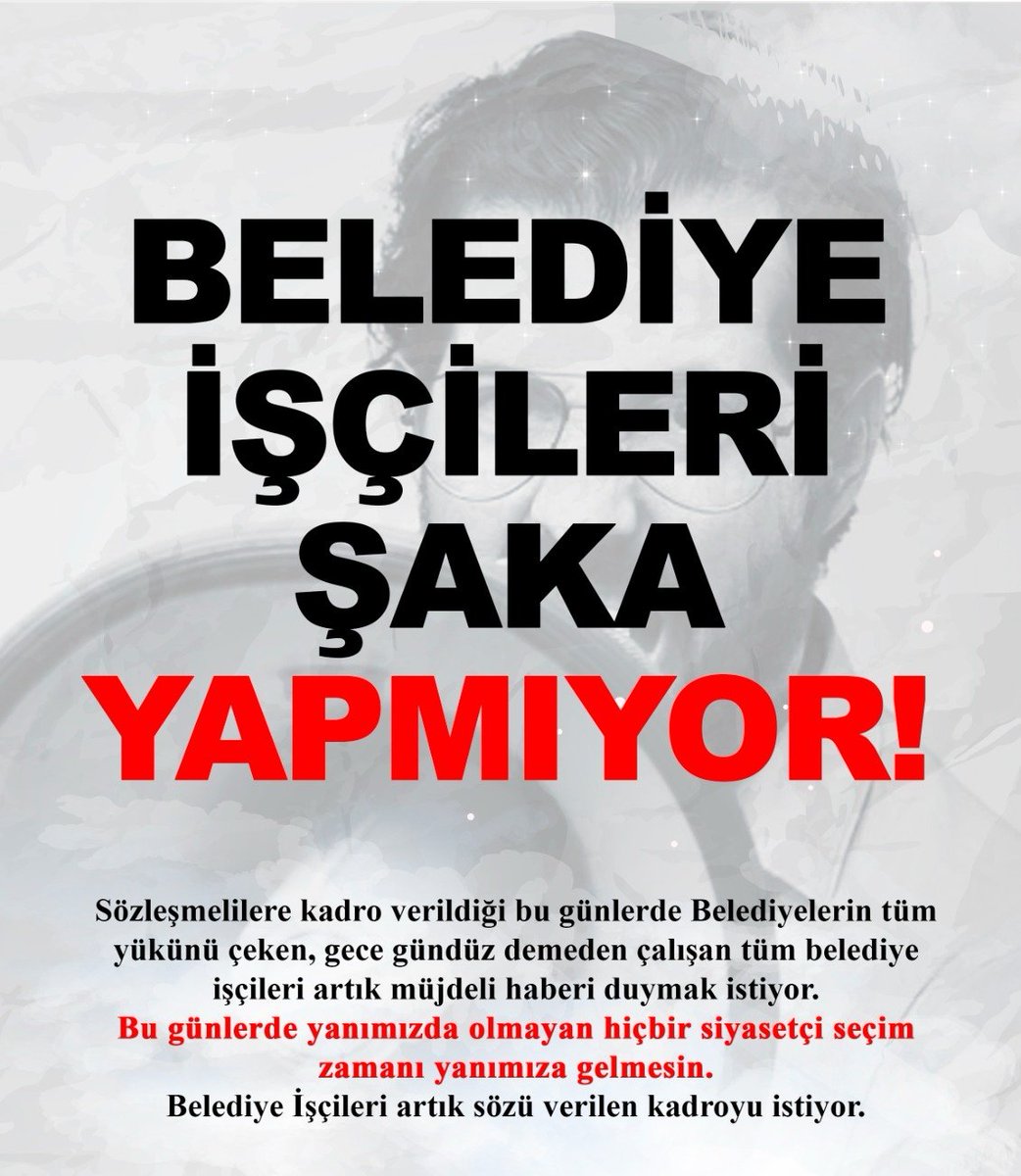Resmi Gazetede yayınlansın 570bin BELEDİYE ŞİRKET İŞÇİSİ kadrolu olsun
<a href="/RTErdogan/">Recep Tayyip Erdoğan</a> <a href="/vedatbilgn/">Vedat Bilgin</a> <a href="/Akparti/">AK Parti</a> <a href="/MHP_Bilgi/">MHP</a> <a href="/herkesicinCHP/">CHP 🇹🇷</a> <a href="/iyiparti/">İYİ Parti</a> <a href="/SaadetPartisi/">Saadet Partisi</a> @by <a href="/iletisim/">T.C. İletişim Başkanlığı</a>