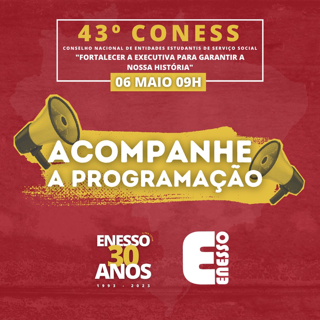 enessonacional's tweet photo. ACOMPANHE A PROGRAMAÇÃO DO 43º CONESS!

📢 A Executiva Nacional de Estudantes de Serviço Social (ENESSO) convida à todes a participarem do 43º Conselho Nacional de Entidades Estudantis de Serviço Social: “Fortalecer a Executiva para garantir a nossa história". https://t.co/PdrdMh8JLk