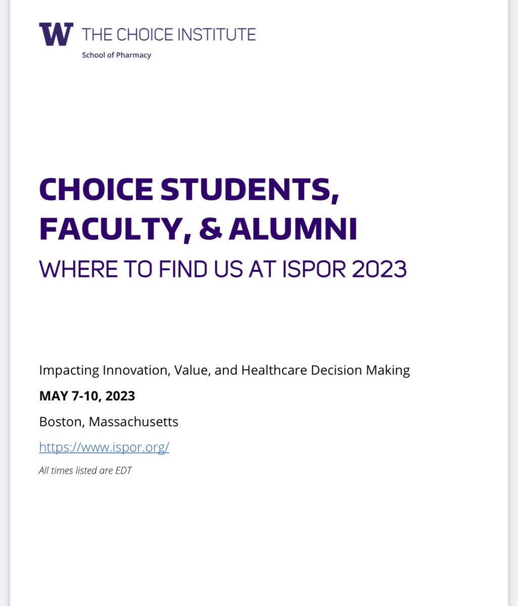 Anirban Basu (@basucally) on Twitter photo Look forward to catching up with all our alumni and friends at #ISPORAnnual
Here is a schedule of #UWCHOICE <a href="/UW_Pharmacy/">UW School of Pharmacy</a> activities at #ISPORAnnual
sop.washington.edu/wp-content/upl…
<a href="/marina_gano/">Marina Gano</a> <a href="/dougbarthold/">Douglas Barthold</a> <a href="/AasthaaLaVista/">Aasthaa Bansal</a> <a href="/JoshJCarlson/">Josh Carlson</a> <a href="/KyuQLee/">Kyu Lee</a> <a href="/JingLiUW/">Jing Li 李婧</a> Look forward to catching up with all our alumni and friends at #ISPORAnnual
Here is a schedule of #UWCHOICE <a href="/UW_Pharmacy/">UW School of Pharmacy</a> activities at #ISPORAnnual
sop.washington.edu/wp-content/upl…
<a href="/marina_gano/">Marina Gano</a> <a href="/dougbarthold/">Douglas Barthold</a> <a href="/AasthaaLaVista/">Aasthaa Bansal</a> <a href="/JoshJCarlson/">Josh Carlson</a> <a href="/KyuQLee/">Kyu Lee</a> <a href="/JingLiUW/">Jing Li 李婧</a>