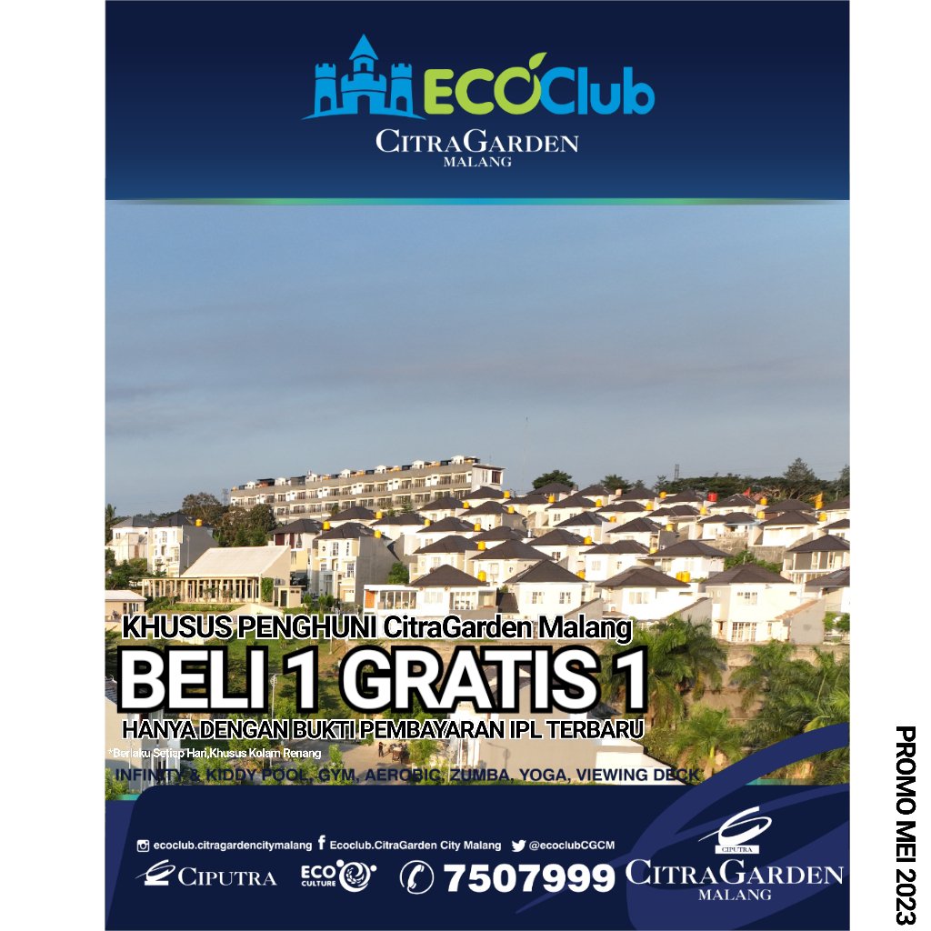 ecoclubCGCM's tweet photo. Welcome May
Info promo mei @ecoclubCGCM KUY!
.
#liburannggakharusjauh #liburannggakharusmahal #ecoclubcitragardenmalang #Rabu3Mei2023 #GusBaha #ciputra #kolamrenang #sportcenter #malanghits #kolamrenangdimalang #liburandimalang #viewhitsmalang #infinitypool #swimmingwithview https://t.co/3rdE4PMjCx
