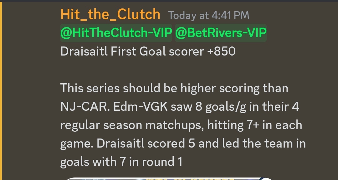 Hit_the_Clutch's tweet photo. And Draisaitl 1st goal to cap the day. Up over 16u today! Every day won't be this good, but I promise our whole team will find you winners. Come give us a try for free: https://t.co/EPyRvYzN8o https://t.co/vbXw94TG3d