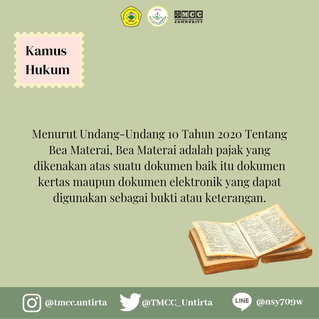 TMCC_Untirta's tweet photo. - K A M U S  H U K U M -

⚖️ Together, Forever, Be Winner⚖️

Halo Mooters! 👩‍⚖️👨‍⚖️

Sudah tau "MENGAPA ALAT BUKTI TULIS HARUS DINAZEGELEN"?

Ikut aku belajar istilah dalam hukum yuk! https://t.co/SFmFrVbFCi