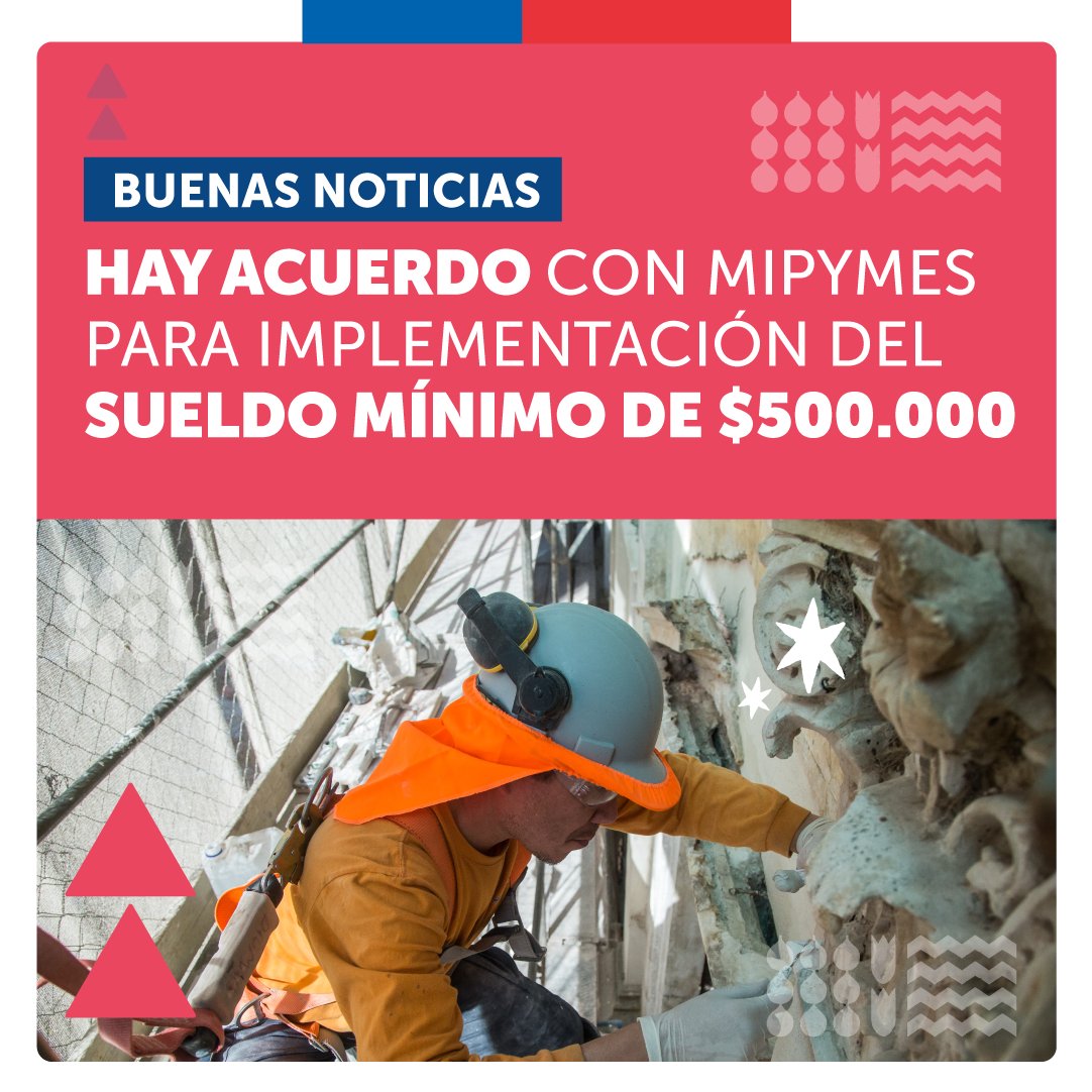 GobiernodeChile's tweet photo. ¡Buenas noticias! 👏

El Ministerio de @meconomia logró un acuerdo con las MiPymes para la implementación de un nuevo subsidio al #SueldoMínimo, que se extenderá hasta el año 2025. https://t.co/R5EV8UWPdn