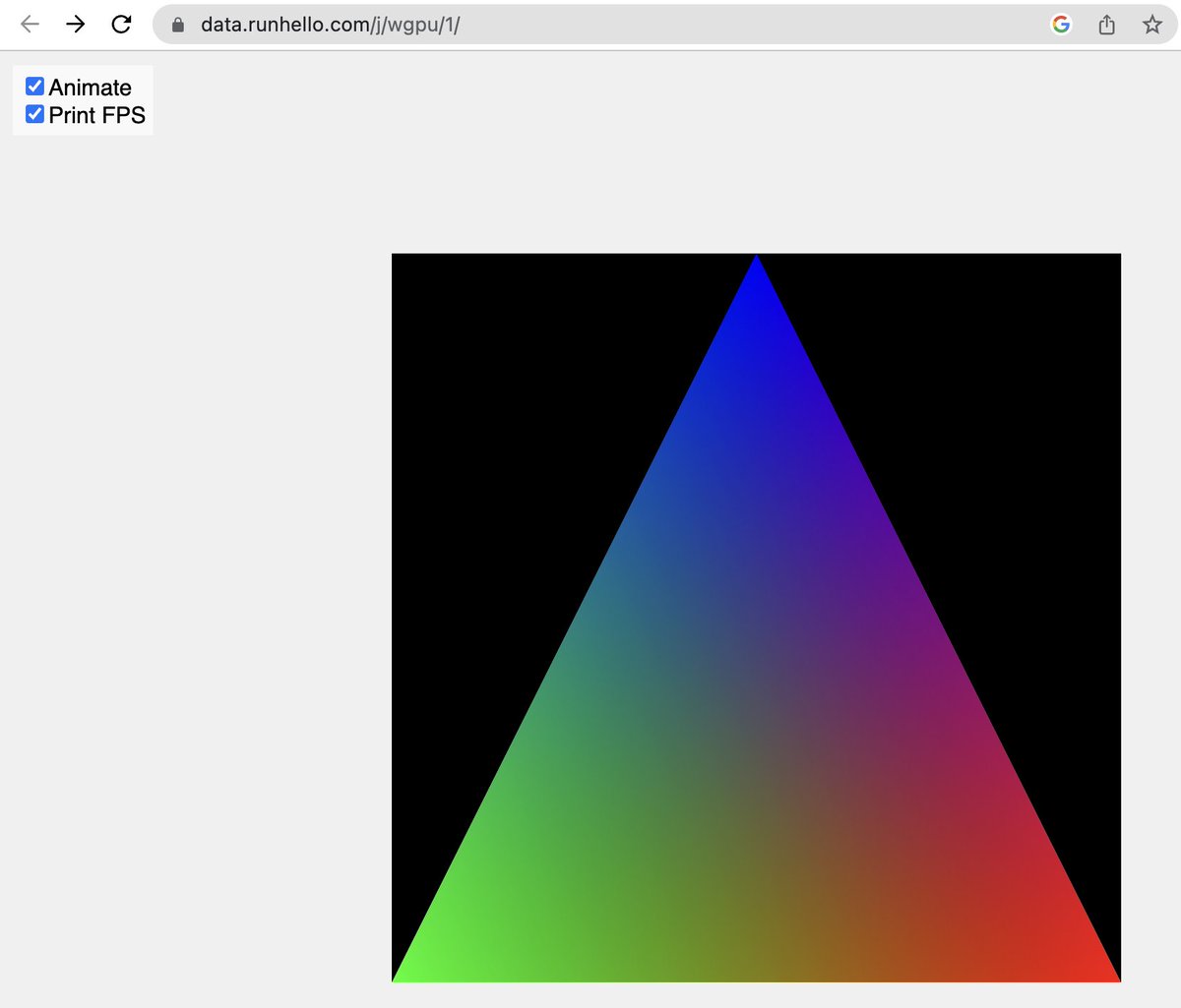 ruggergames's tweet photo. More excited than I should to update my Chrome and see this webGPU triangle render in front of my naked eyes 🥲 https://t.co/ezBbgCDEua