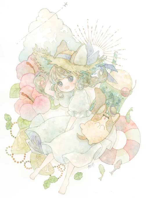 けもみみの女の子と愛犬のコーギーをテーマに透明水彩中心で描いています 見て下さりありがとうございます*゜   #ゴールデンウィークSNS展覧会2023