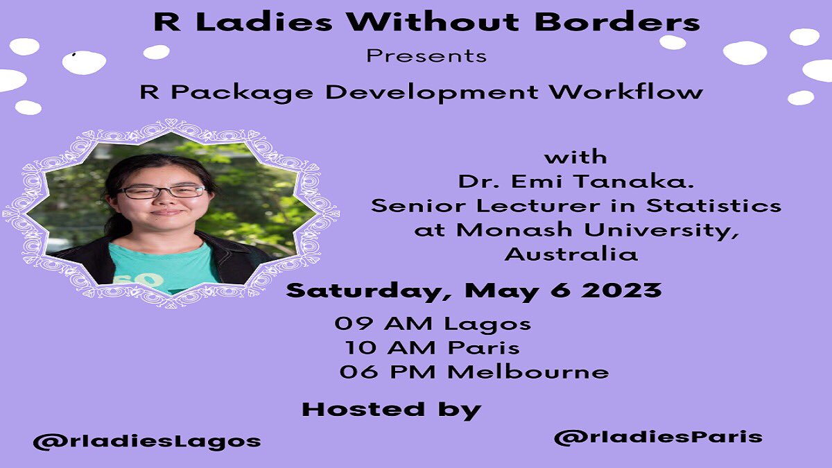 R-Ladies Lagos (@rladieslagos) on Twitter photo #RLadiesWithoutBorders presents R Package development workflow with Dr Emi Tanaka <a href="/statsgen/">Emi Tanaka @emitanaka@fosstodon.org</a>, Senior Lecturer in Statistics <a href="/MonashUni/">Monash University</a> .
This event is hosted by <a href="/rladieslagos/">R-Ladies Lagos</a> and <a href="/RLadiesParis/">R-Ladies Paris ➖ @rladies_paris@mastodon.social</a>
Register to attend meetup.com/rladies-lagos/…. #RLadiesWithoutBorders presents R Package development workflow with Dr Emi Tanaka <a href="/statsgen/">Emi Tanaka @emitanaka@fosstodon.org</a>, Senior Lecturer in Statistics <a href="/MonashUni/">Monash University</a> .
This event is hosted by <a href="/rladieslagos/">R-Ladies Lagos</a> and <a href="/RLadiesParis/">R-Ladies Paris ➖ @rladies_paris@mastodon.social</a>
Register to attend meetup.com/rladies-lagos/….