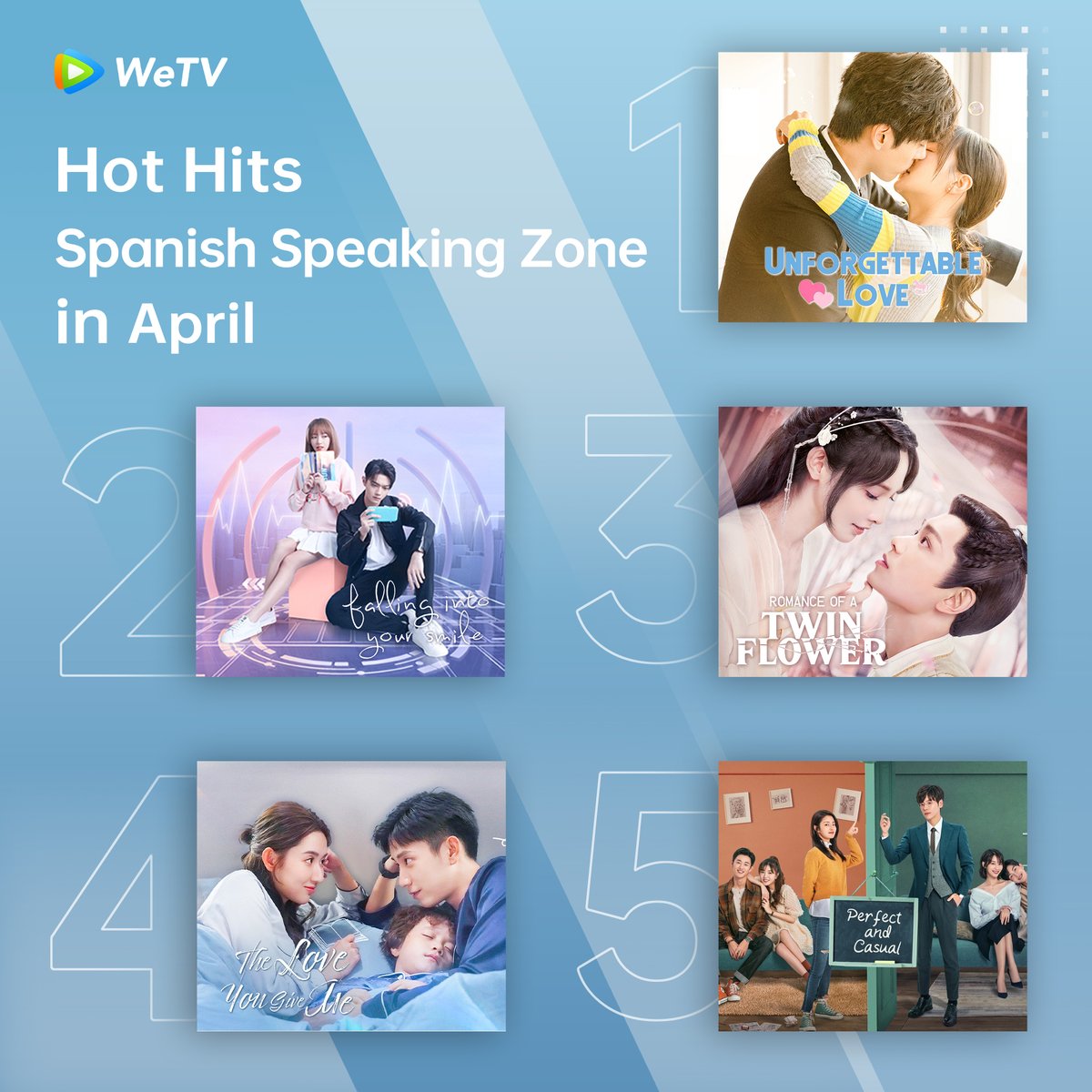 #WeTV Spanish Speaking Zone Hot Hits in April🔥

#UnforgettableLove #贺先生的恋恋不忘
#FallingIntoYourSmile #你微笑时很美
#RomanceofaTwinFlower #春闺梦里人
#TheLoveYouGiveMe #你给我的喜欢
#PerfectandCasual #完美先生和差不多小姐

#WeTVRanking
#WeTVAlwaysMore