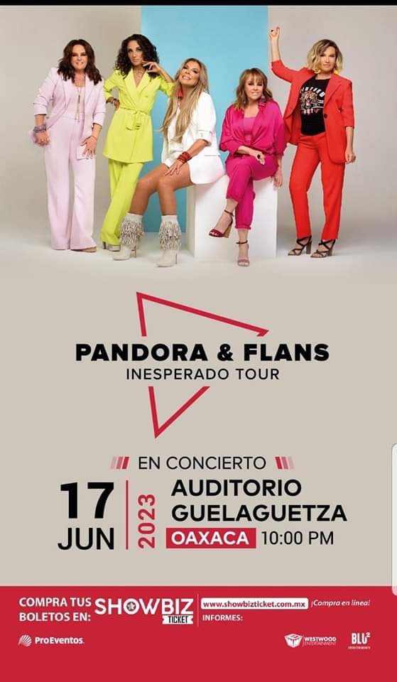 noti_oax's tweet photo. Llega por primera vez a #Oaxaca el tour más #Inesperado del momento ❤️ Pandora y Flans te esperan este 17 de junio ✨ en el #AuditorioGuelaguetza 🎤
Compra tus boletos en línea a través de Showbizticket Mexico y no te pierdas de sus increíbles voces en vivo
#Proeventos https://t.co/JID3gZtu4P