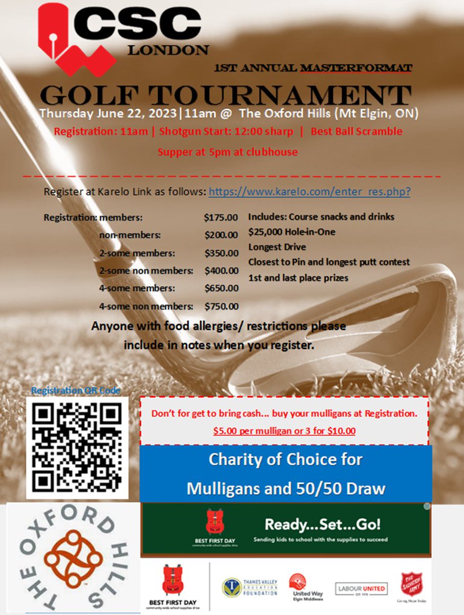 CSC London Golf Tournament... Save the Date June 22, 2023, Registration is open!!!