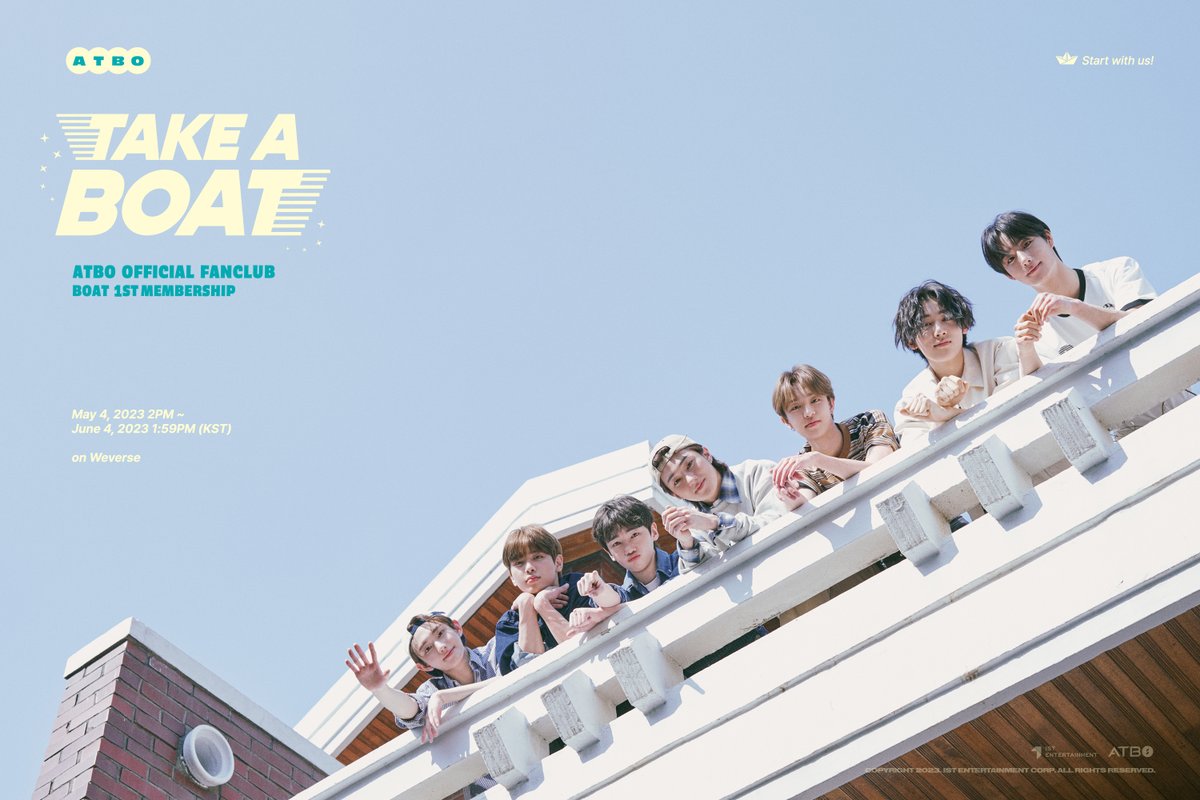 🚤TAKE A BOAT🚤

ATBO OFFICIAL FANCLUB
BOAT 1ST MEMBERSHIP &amp; MEMBERSHIP KIT OPEN

📆 2023.05.04 THU 2PM ~ 2023.06.04 SUN 1:59PM (KST)

🔗SALES SITE : weverseshop.io/ko/shop/GL_KRW…

#ATBO #에이티비오
#BOAT #TAKE_A_BOAT