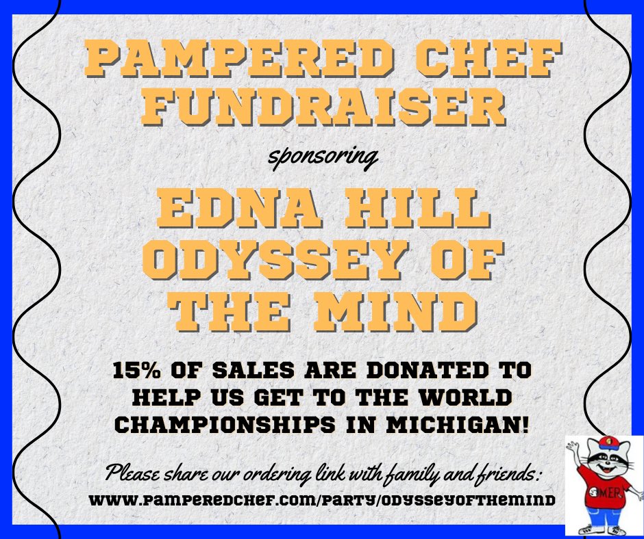 To help our school’s #OdysseyoftheMind team get to the World Finals, we’re hosting a Pampered Chef #fundraiser! You can order the kitchen products you love, and the team will earn 15% of the sales! Here’s the ordering link: 

pamperedchef.com/party/odysseyo…

Thank you! 👩‍🍳