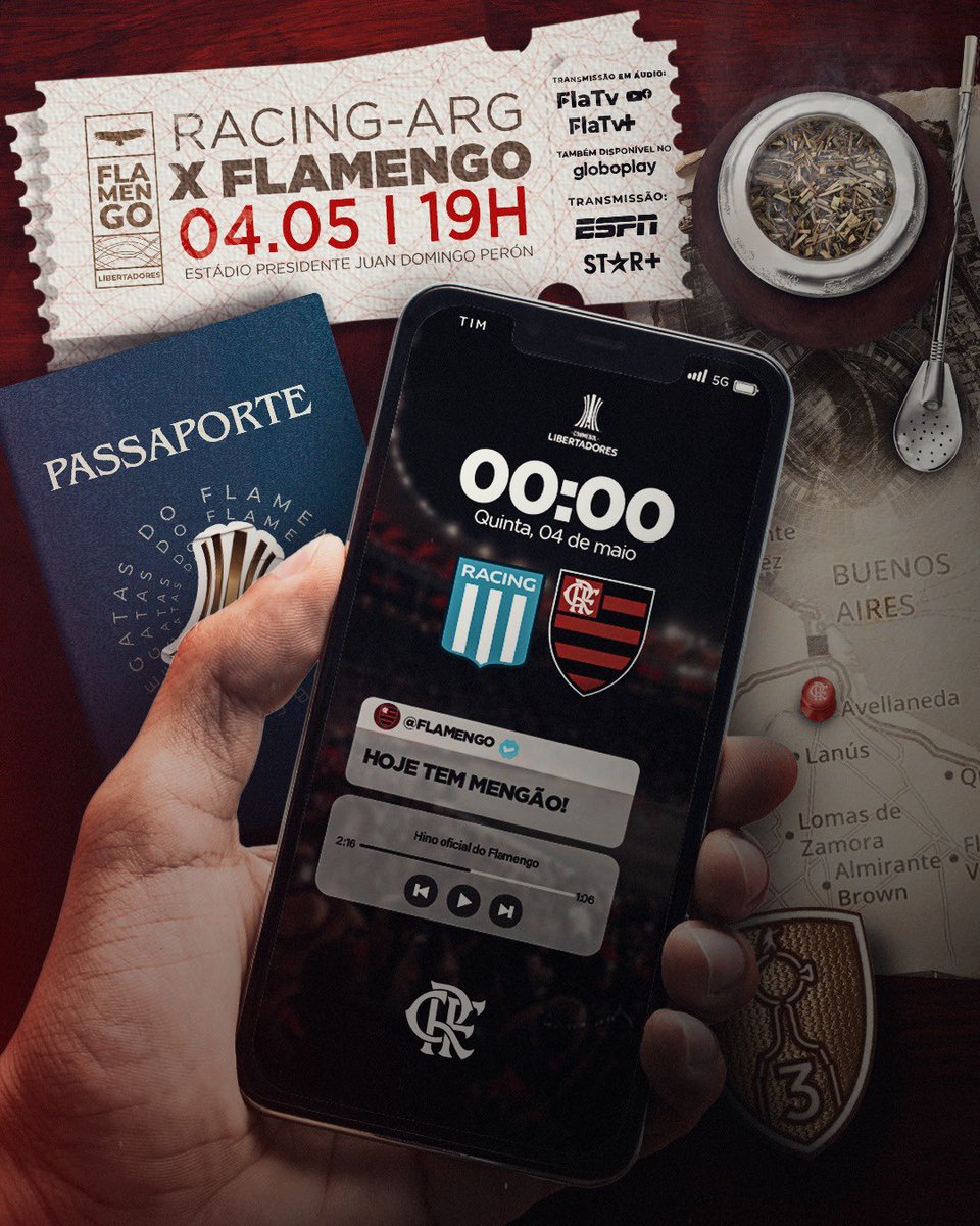 Flamengo's tweet photo. HOJE TEM MENGÃO NA CONMEBOL LIBERTADORES! 

⚽ #RACxFLA
🏟️ Estádio Presidente Perón 
⏱️ 19h (pré-jogo na FlaTV começa às 17h)
📺 Espn e Star+ / FlaTV em áudio

#VamosFlamengo https://t.co/TXrjWYUEth