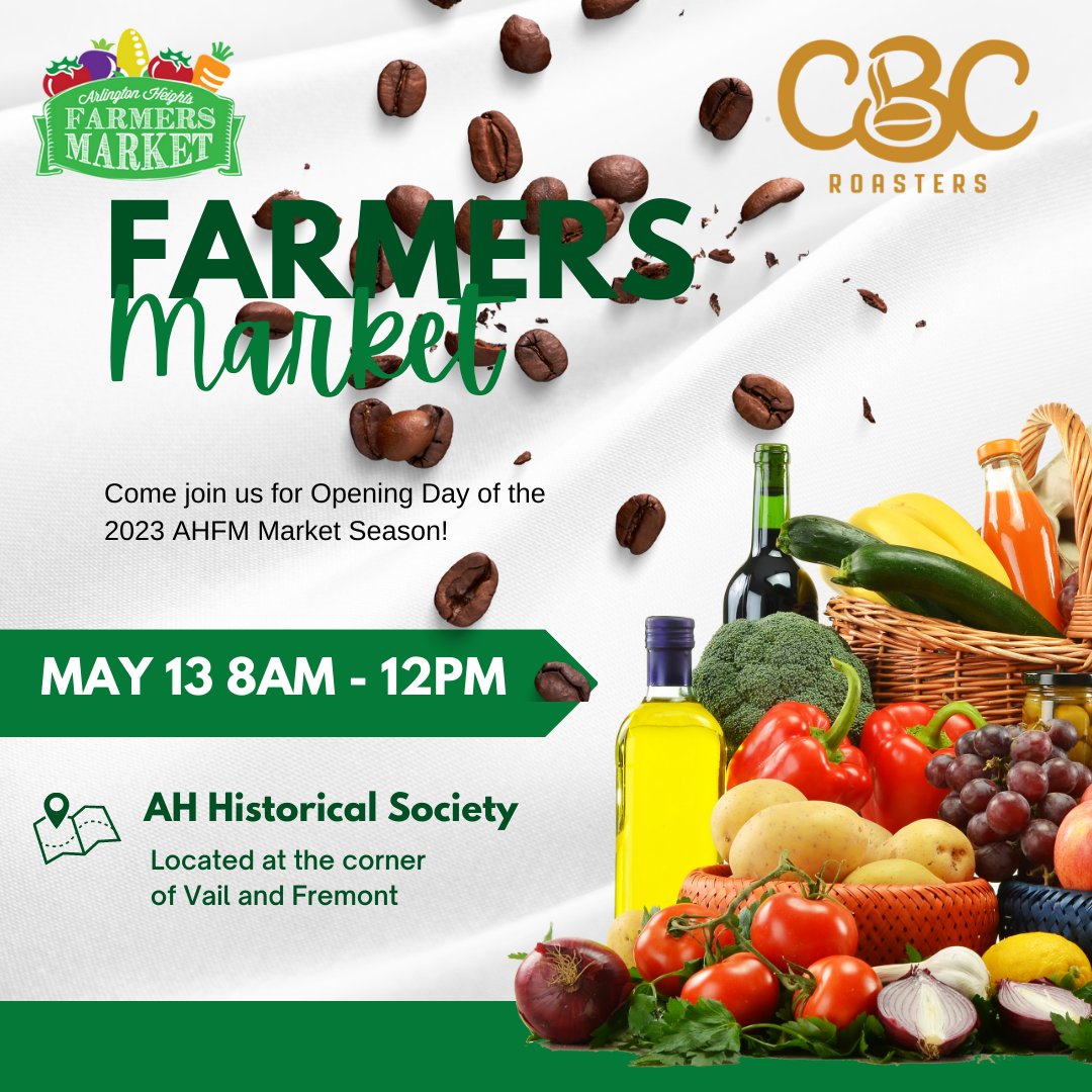 Calling all Coffee and Tea Lovers! CBC Roasters is excited to say that we will be back at the Arlington Heights Farmers Market starting on May 13th! 
#AHFM #CBCRoasters #FarmersMarket #CommunityEvent #CoffeeLovers #TeaLovers #LocalVendors #FamilyFun