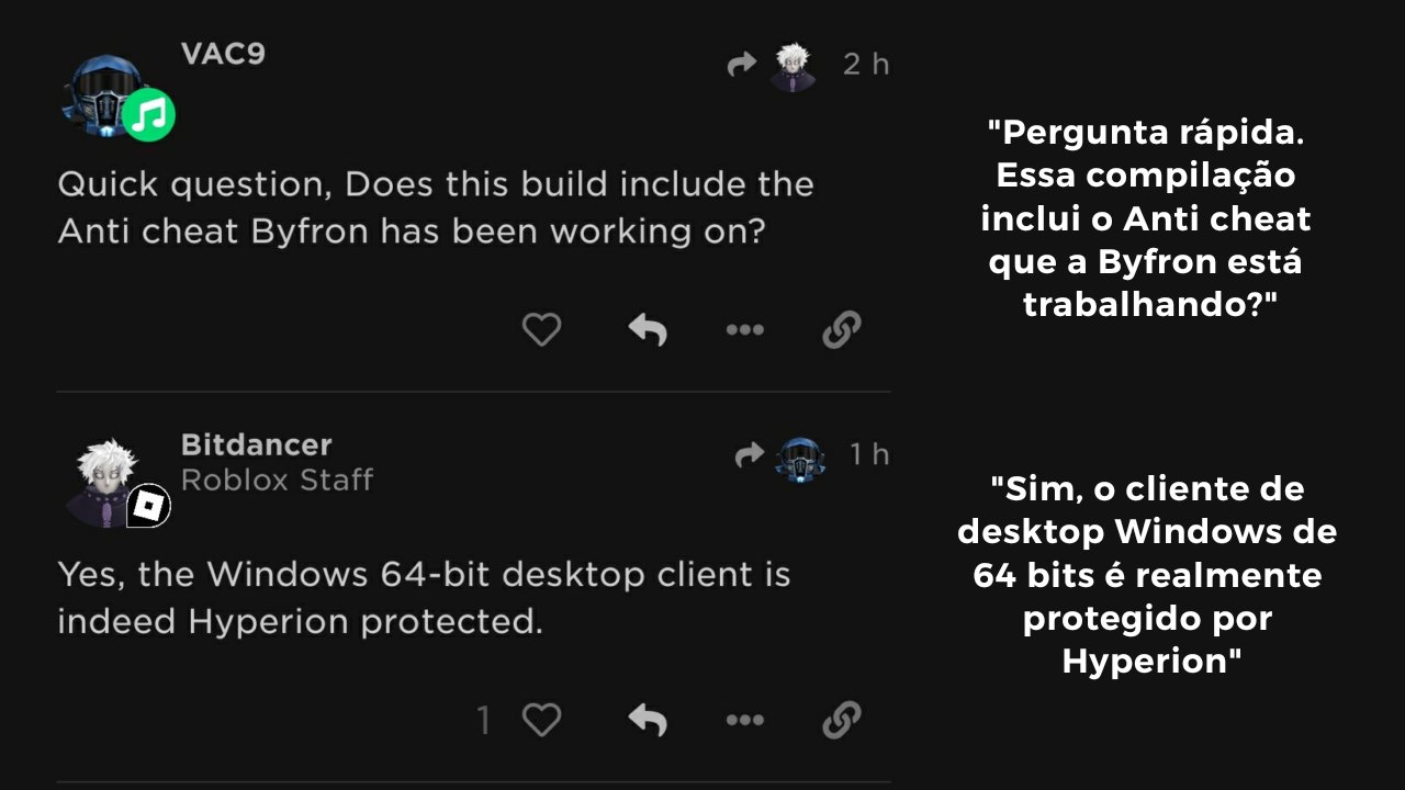 RTC em português  on X: ÚLTIMAS NOTÍCIAS: Foi confirmado por um  funcionário do Roblox que o anti-cheat da Byfron, chamado Hyperion,  realmente está ativo no app 64 bit de PC, que