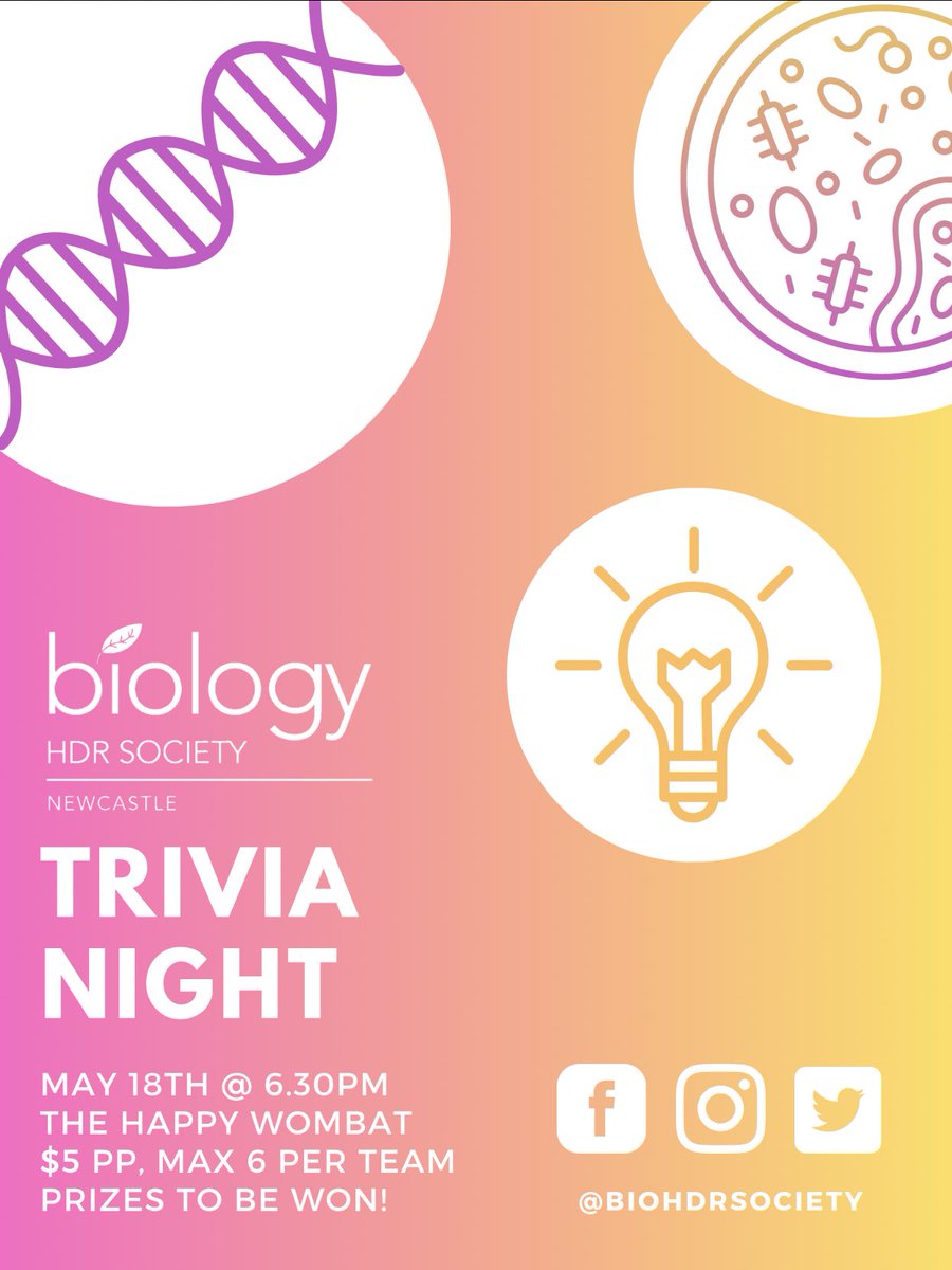 Q: Who wants to attend the first HDR trivia night for 2023?
A: YOU 

Please register your interest by emailing BiologyHDR-Society@newcastle.edu.au 

Hope to see you all there! 🤓🧠