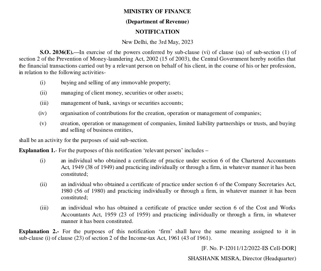 Only CA, CS, CMA who holding COP are Bought under the net of PMLA. 

Non COP holder and Advocate Are Immune to such Provisions??? 
@CADhavalkothari @CAclubindia @casansaar @sudhir_bhansali @theicai @icsi_cs @icai_cma