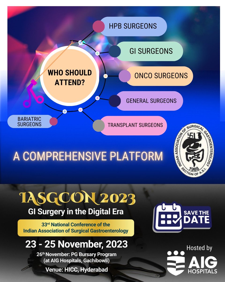 IASGCON 2023: A comprehensive platform for GI, Onco, HPB, Bariatric, Transplant and General Surgeons. The annual scientific pilgrimage for all such surgical practices this time in the city of Nawaab, Hyderabad from 23 - 25 Nov 2023. Save the date. #IASGCON2023