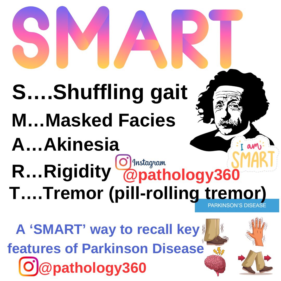 IG_pathology360's tweet photo. A ‘ S-M-A-R-T’ way to recall key 🔑 features of ✅PARKINSON DISEASE. Recall boosters series on Instagram: @pathology360. #MedStudent #MedEd #MedStudentTwitter #pathology360 #DrKishoreBanerjee https://t.co/uTc19gM8dd