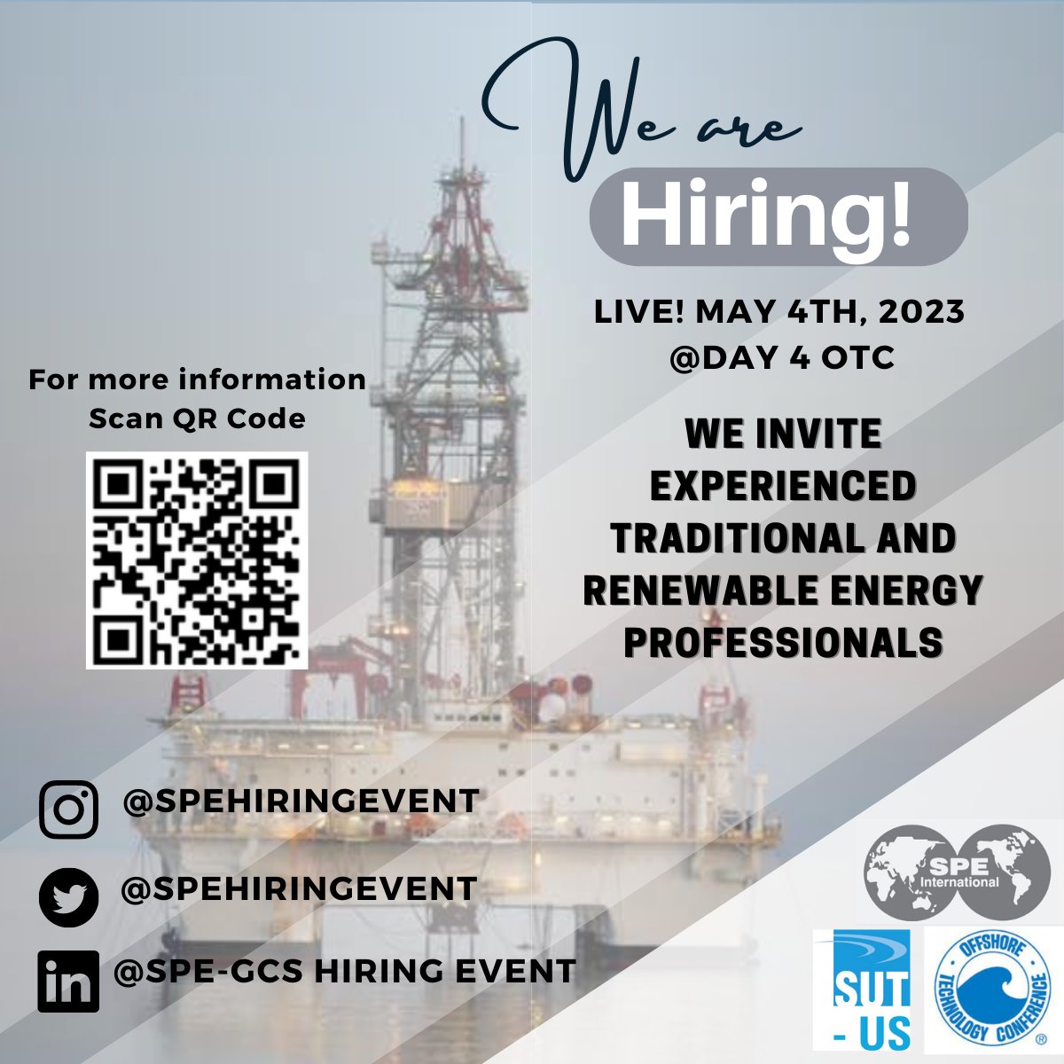 TOMORROW MAY 4TH - 9:00 AM - 4:00 PM SPE GCS HIRING EVENT
SPE GCS invites experienced traditional and renewable energy professionals. NRG room 700
#spe  #otc2023 #sutus #spehiringevent #renewableenergy #hiring