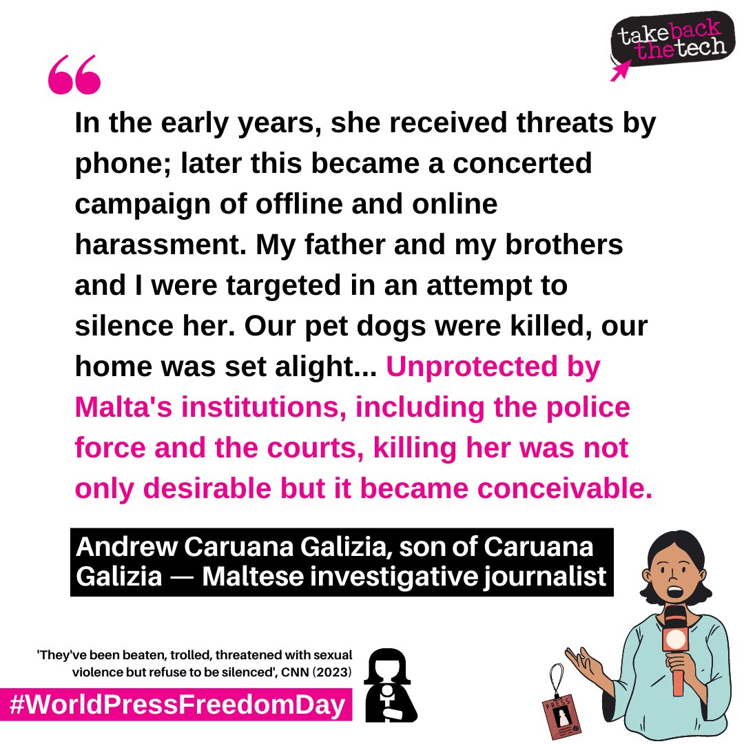 takebackthetech's tweet photo. #OnlineHarassment leads to #OfflineViolence for many women and queer folks who raise important issues and engage in public advocacy.
Identities of gender, race, sexual orientation and religion (among others) are used to attack and dehumanise journalists. #WorldPresssFreedomDay https://t.co/B7G6KiTQJV